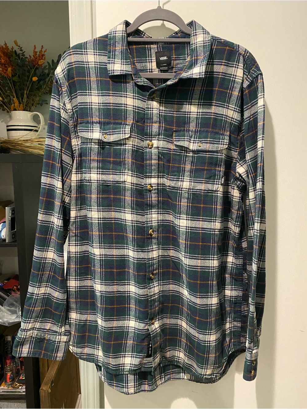 Vans Men's Green and White Plaid Flannel Button-Down Shirt